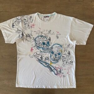 VTGE Y2K Artful Dodger Distressed Tee-Skull Print-Thrashed & Faded-Holes-Sz XL
